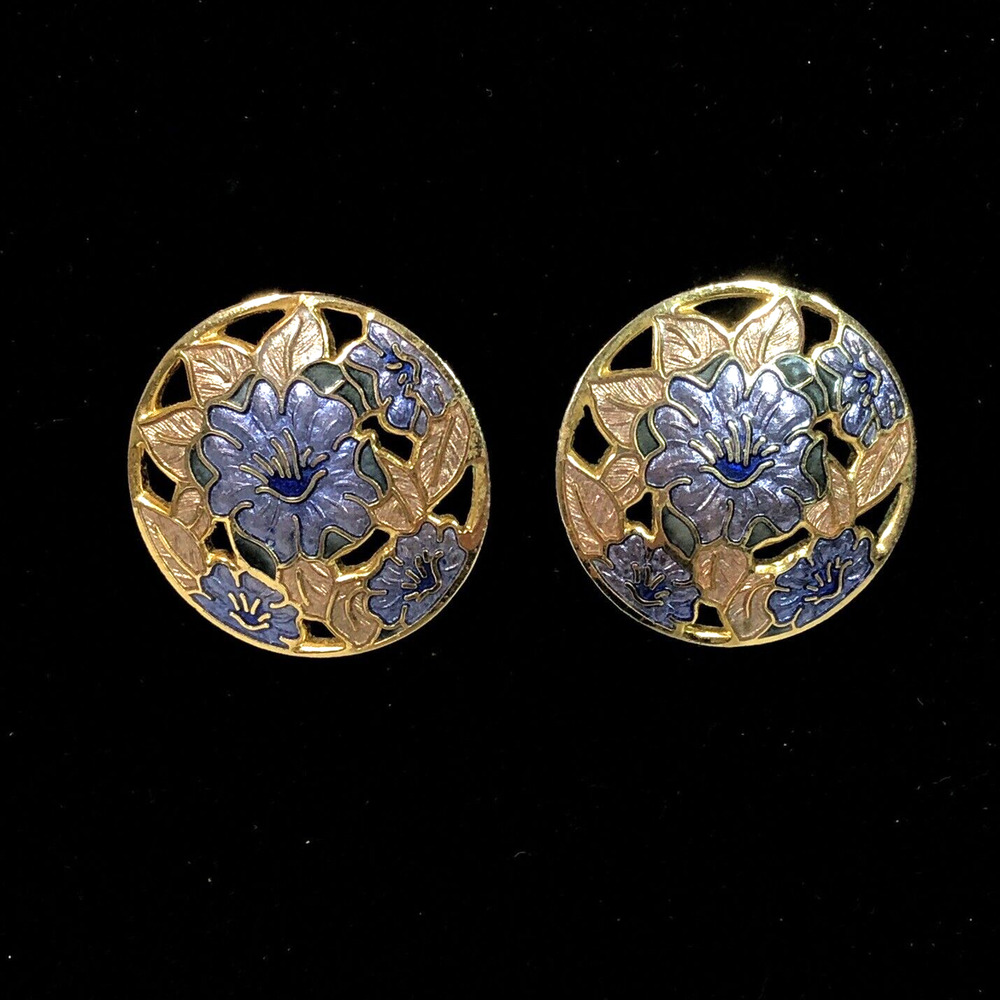 Retro Enamel Purple Earrings Gold Flower Circle Pierced Cutouts, Fish and Crown